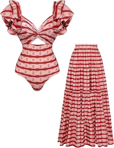 FLAXMAKER Women's Ruffled Shoulders and a Cutout Design at the Waist One-piece Swimsuit and Skirt in Saudi Arabia