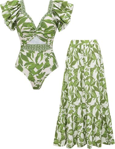 FLAXMAKER Women's Ruffled Shoulders and a Cutout Design at the Waist One-piece Swimsuit and Skirt in Saudi Arabia