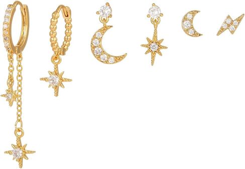 14K Gold Plated Earrings Set for Women, Dainty Hoop Stud & Dangle Earrings, Hypoallergenic Zircon Crystal Celestial Heart Bow Designs, Huggie Hoops for Multiple Piercings Cartilage Helix Jewelry in Kuwait