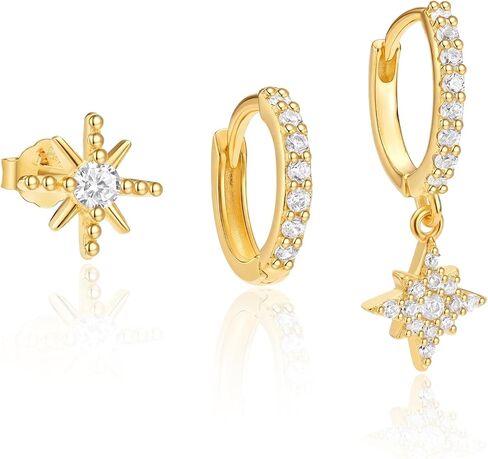 14K Gold Plated Earrings Set for Women, Dainty Hoop Stud & Dangle Earrings, Hypoallergenic Zircon Crystal Celestial Heart Bow Designs, Huggie Hoops for Multiple Piercings Cartilage Helix Jewelry in Kuwait