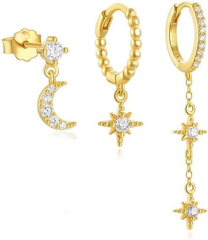 14K Gold Plated Earrings Set for Women, Dainty Hoop Stud & Dangle Earrings, Hypoallergenic Zircon Crystal Celestial Heart Bow Designs, Huggie Hoops for Multiple Piercings Cartilage Helix Jewelry in Kuwait