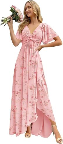 Flutter Sleeve Bridesmaid Dresses Long Chiffon Ruffles V Neck Pleated Formal Evening Dresses with Slit in Saudi Arabia