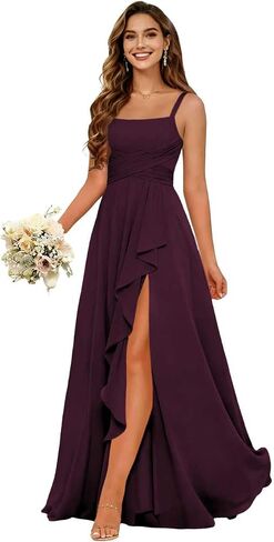Women's Ruffles Chiffon Bridesmaid Dresses for Wdding Pleates Square Neck Spaghetti Strap Formal Maxi Dress in Saudi Arabia