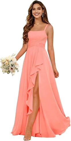 Women's Ruffles Chiffon Bridesmaid Dresses for Wdding Pleates Square Neck Spaghetti Strap Formal Maxi Dress in Saudi Arabia