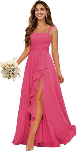Women's Ruffles Chiffon Bridesmaid Dresses for Wdding Pleates Square Neck Spaghetti Strap Formal Maxi Dress in Saudi Arabia