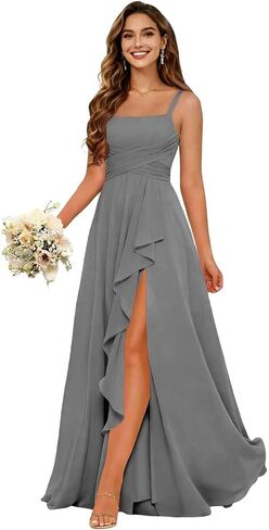 Women's Ruffles Chiffon Bridesmaid Dresses for Wdding Pleates Square Neck Spaghetti Strap Formal Maxi Dress in Saudi Arabia