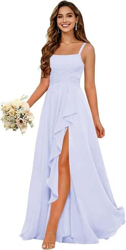 Women's Ruffles Chiffon Bridesmaid Dresses for Wdding Pleates Square Neck Spaghetti Strap Formal Maxi Dress in Saudi Arabia