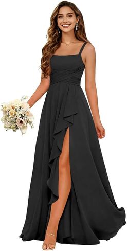 Women's Ruffles Chiffon Bridesmaid Dresses for Wdding Pleates Square Neck Spaghetti Strap Formal Maxi Dress in Saudi Arabia