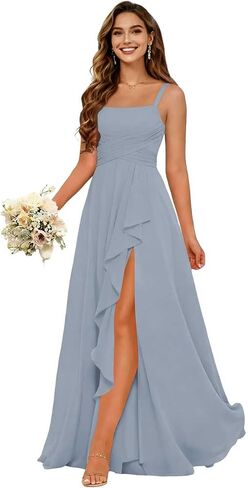 Women's Ruffles Chiffon Bridesmaid Dresses for Wdding Pleates Square Neck Spaghetti Strap Formal Maxi Dress in Saudi Arabia