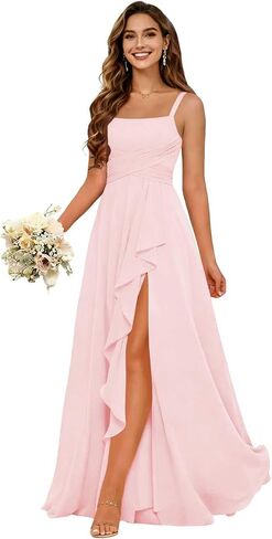 Women's Ruffles Chiffon Bridesmaid Dresses for Wdding Pleates Square Neck Spaghetti Strap Formal Maxi Dress in Saudi Arabia