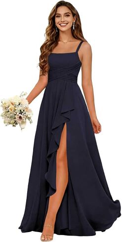 Women's Ruffles Chiffon Bridesmaid Dresses for Wdding Pleates Square Neck Spaghetti Strap Formal Maxi Dress in Saudi Arabia