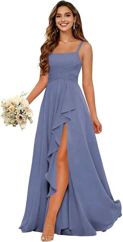 Women's Ruffles Chiffon Bridesmaid Dresses for Wdding Pleates Square Neck Spaghetti Strap Formal Maxi Dress in Saudi Arabia