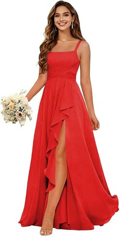 Women's Ruffles Chiffon Bridesmaid Dresses for Wdding Pleates Square Neck Spaghetti Strap Formal Maxi Dress in Saudi Arabia