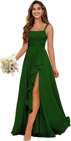 Women's Ruffles Chiffon Bridesmaid Dresses for Wdding Pleates Square Neck Spaghetti Strap Formal Maxi Dress in Saudi Arabia
