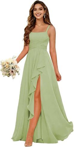 Women's Ruffles Chiffon Bridesmaid Dresses for Wdding Pleates Square Neck Spaghetti Strap Formal Maxi Dress in Saudi Arabia