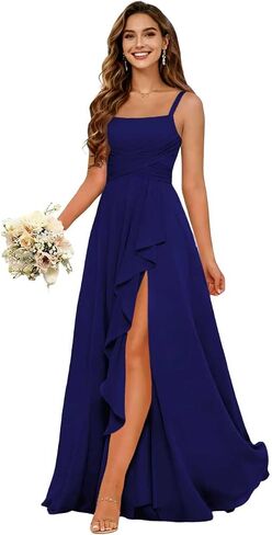 Women's Ruffles Chiffon Bridesmaid Dresses for Wdding Pleates Square Neck Spaghetti Strap Formal Maxi Dress in Saudi Arabia