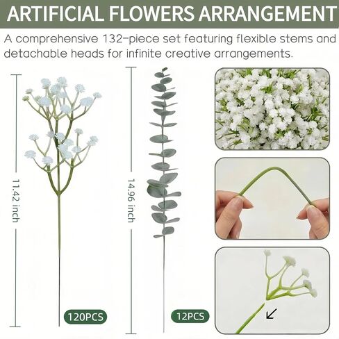 132 Pcs Babys Breath Artificial Flowers with Eucalyptus Stems, Baby Breath Flowers Artificial Bulk, Faux Gypsophila Bouquet for Wedding Bouquets, DIY Floral Arrangements, Home Table Vase Decor in Saudi Arabia