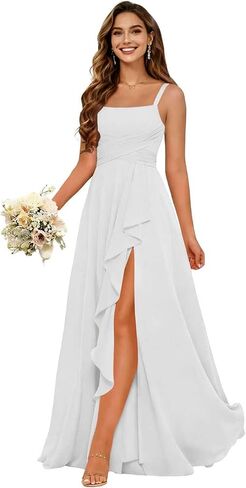 Women's Ruffles Chiffon Bridesmaid Dresses for Wdding Pleates Square Neck Spaghetti Strap Formal Maxi Dress in Saudi Arabia