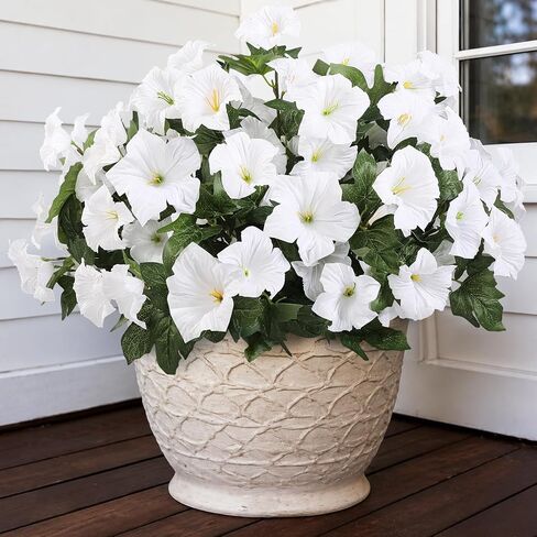 6pcs Outdoor Faux Petunias UV Resistant Look Real Artificial Silk Petunia Flowers for Outside Spring Summer Garden Patio Window Box Planters Porch Decor (6, White) in Saudi Arabia