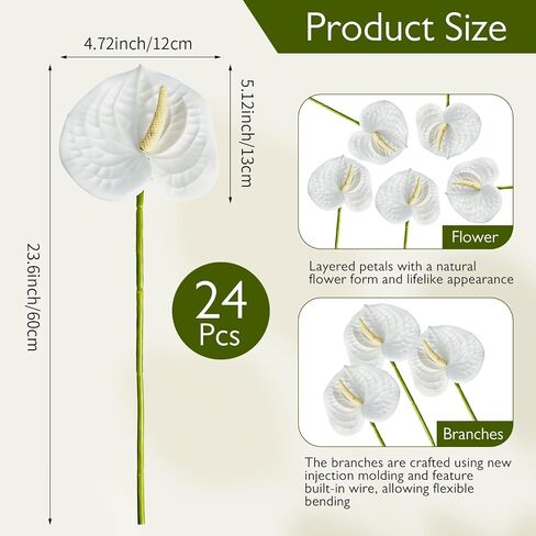 24 Pcs Artificial Anthurium Flowers 23.6 Inch White Fake Anthurium Flowers for Wedding Bridal Shower DIY Vase Bouquets Centerpiece Arrangements Party Home Decor in Saudi Arabia