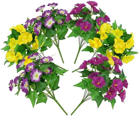 6 Bundles Artificial Morning Glories Mixed Colors (2 Yellow, 2 Purple, 2 Bi-Color) - Silk Faux Outdoor Flowers for Hanging Baskets - UV Resistant Wired Fake Plants for Window Box (12 Inch) in Saudi Arabia