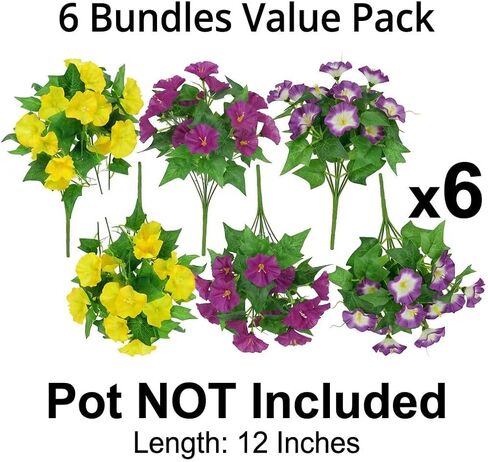 6 Bundles Artificial Morning Glories Mixed Colors (2 Yellow, 2 Purple, 2 Bi-Color) - Silk Faux Outdoor Flowers for Hanging Baskets - UV Resistant Wired Fake Plants for Window Box (12 Inch) in Saudi Arabia