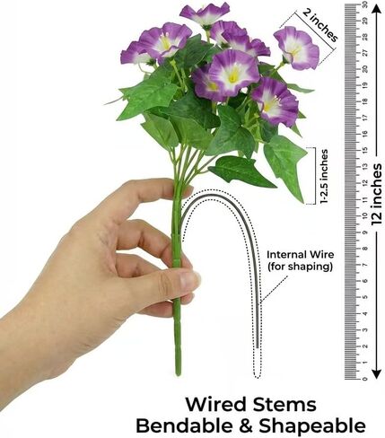 6 Bundles Artificial Morning Glories Mixed Colors (2 Yellow, 2 Purple, 2 Bi-Color) - Silk Faux Outdoor Flowers for Hanging Baskets - UV Resistant Wired Fake Plants for Window Box (12 Inch) in Saudi Arabia