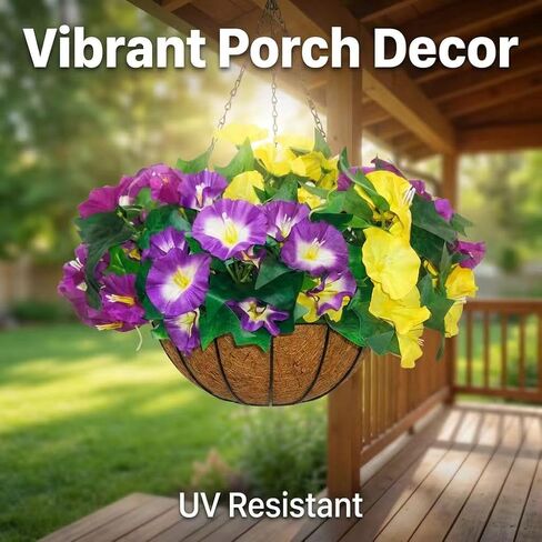 6 Bundles Artificial Morning Glories Mixed Colors (2 Yellow, 2 Purple, 2 Bi-Color) - Silk Faux Outdoor Flowers for Hanging Baskets - UV Resistant Wired Fake Plants for Window Box (12 Inch) in Saudi Arabia