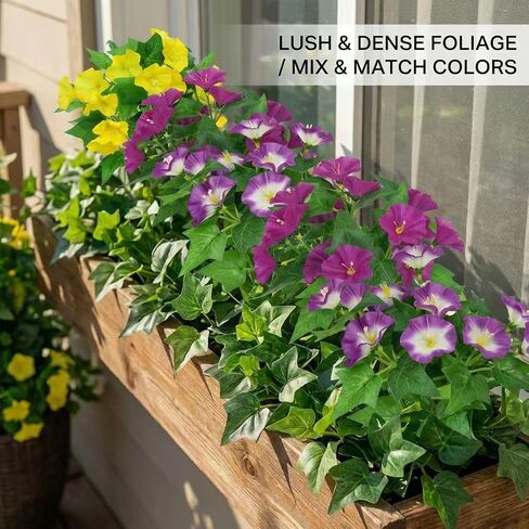 6 Bundles Artificial Morning Glories Mixed Colors (2 Yellow, 2 Purple, 2 Bi-Color) - Silk Faux Outdoor Flowers for Hanging Baskets - UV Resistant Wired Fake Plants for Window Box (12 Inch) in Saudi Arabia