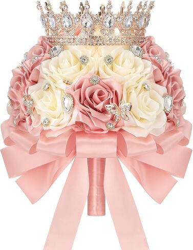 باقة زفاف Suncalla مقاس 8.7 بوصة Ramo de Quinceañera باللون الوردي والكريمي مع تاج من الساتان والورد بلينغ والزهور الاصطناعية الملهمة Ramos para Quinceaños للعروس وحفلات الزفاف Quinceanera in Kuwait