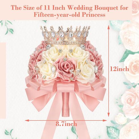 باقة زفاف Suncalla مقاس 8.7 بوصة Ramo de Quinceañera باللون الوردي والكريمي مع تاج من الساتان والورد بلينغ والزهور الاصطناعية الملهمة Ramos para Quinceaños للعروس وحفلات الزفاف Quinceanera in Kuwait