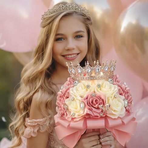 باقة زفاف Suncalla مقاس 8.7 بوصة Ramo de Quinceañera باللون الوردي والكريمي مع تاج من الساتان والورد بلينغ والزهور الاصطناعية الملهمة Ramos para Quinceaños للعروس وحفلات الزفاف Quinceanera in Kuwait