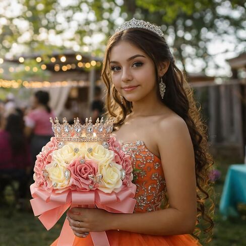 باقة زفاف Suncalla مقاس 8.7 بوصة Ramo de Quinceañera باللون الوردي والكريمي مع تاج من الساتان والورد بلينغ والزهور الاصطناعية الملهمة Ramos para Quinceaños للعروس وحفلات الزفاف Quinceanera in Kuwait