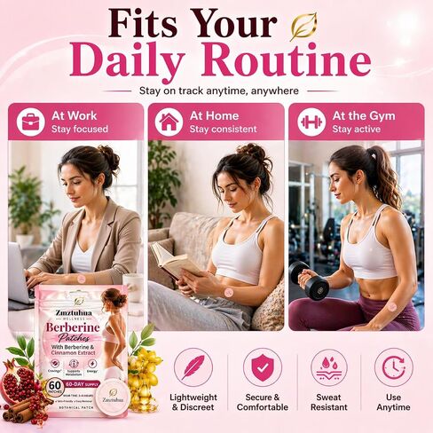 GLPLUS-1 Berberine Patches with L Glutamine, Chromium, Pomegranate and Cinnamon to Multiple Body Parts - 8X Advanced Bioavailable Formula for Hunger Support Suitable for Men & Women - 60Pcs in Kuwait
