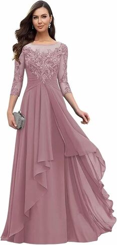 Mother of The Bride Dresses for Wedding Lace Appliques Chiffon Formal Evening Dress with Sleeve LW046 in Saudi Arabia