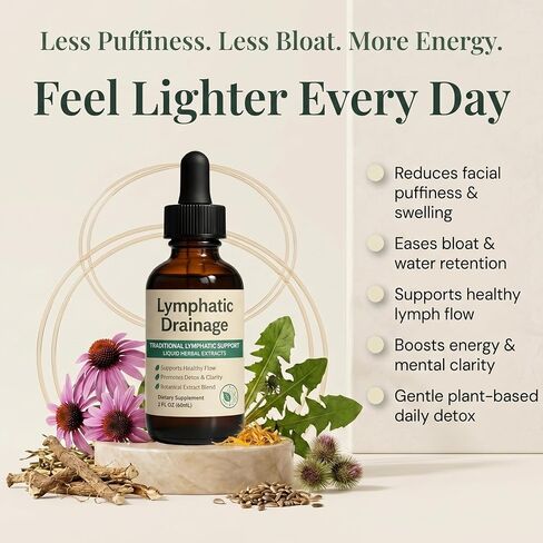 Lymphatic Drainage Drops for Bloat Relief & De-Puff, Natural Lymph Node Detox Cleanse, Reduce Fluid Retention & Water Weight, Alcohol-Free Vegan Herbal Supplement for Face & Body Debloating – 2 Fl Oz in Saudi Arabia