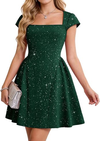 Bridesmay Women's Sparkly Square Neck Cocktail Prom Dresses 2026 with Sleeves A Line Short Party Dress in Saudi Arabia