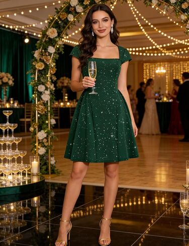 Bridesmay Women's Sparkly Square Neck Cocktail Prom Dresses 2026 with Sleeves A Line Short Party Dress in Saudi Arabia