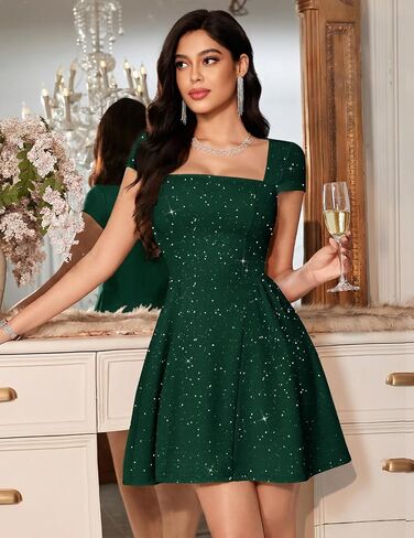 Bridesmay Women's Sparkly Square Neck Cocktail Prom Dresses 2026 with Sleeves A Line Short Party Dress in Saudi Arabia