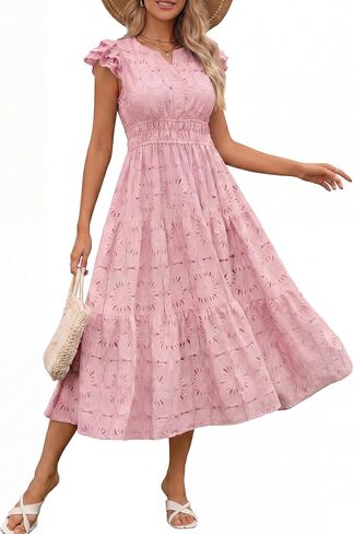Women's Eyelet Lace Midi Dresses Smocked V Neck Ruffle Sleeve Tiered Summer Dress Beach Vacation in Saudi Arabia