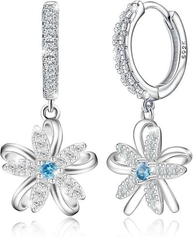 S925 Sterling Silver Sparkling Blue CZ Flower Dangle Hoop Earrings Dainty Small Flower Huggie Hoop Earrings Piercing Cartilage Jewelry for Women Wedding Birthday Party Gift Daughter Her in Saudi Arabia