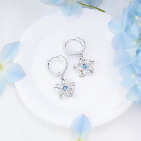 S925 Sterling Silver Sparkling Blue CZ Flower Dangle Hoop Earrings Dainty Small Flower Huggie Hoop Earrings Piercing Cartilage Jewelry for Women Wedding Birthday Party Gift Daughter Her in Saudi Arabia