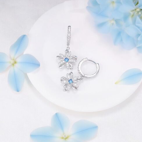 S925 Sterling Silver Sparkling Blue CZ Flower Dangle Hoop Earrings Dainty Small Flower Huggie Hoop Earrings Piercing Cartilage Jewelry for Women Wedding Birthday Party Gift Daughter Her in Saudi Arabia