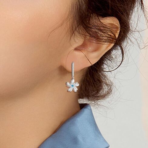 S925 Sterling Silver Sparkling Blue CZ Flower Dangle Hoop Earrings Dainty Small Flower Huggie Hoop Earrings Piercing Cartilage Jewelry for Women Wedding Birthday Party Gift Daughter Her in Saudi Arabia