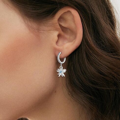 S925 Sterling Silver Sparkling Blue CZ Flower Dangle Hoop Earrings Dainty Small Flower Huggie Hoop Earrings Piercing Cartilage Jewelry for Women Wedding Birthday Party Gift Daughter Her in Saudi Arabia