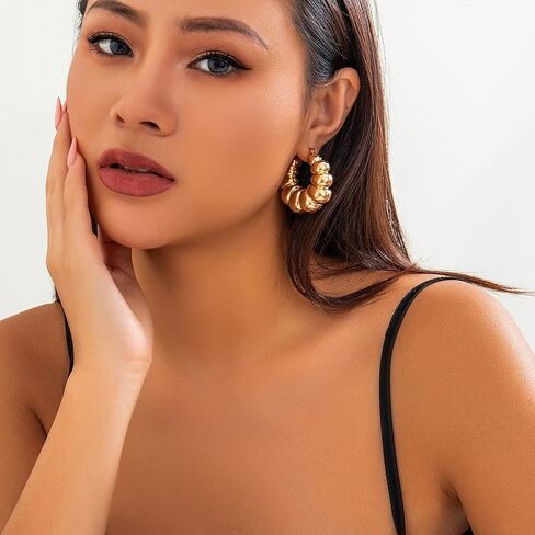 Chunky Gold Bead Ball Hoop Earrings for Women Statement, Trendy Silver Beaded Round Circle Earring Fashion Exaggerated Prom Party Jewelry Accessories in Saudi Arabia