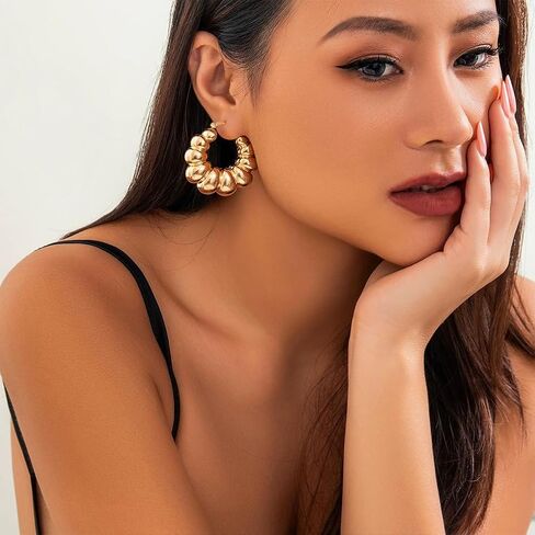 Chunky Gold Bead Ball Hoop Earrings for Women Statement, Trendy Silver Beaded Round Circle Earring Fashion Exaggerated Prom Party Jewelry Accessories in Saudi Arabia
