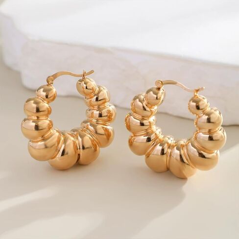 Chunky Gold Bead Ball Hoop Earrings for Women Statement, Trendy Silver Beaded Round Circle Earring Fashion Exaggerated Prom Party Jewelry Accessories in Saudi Arabia