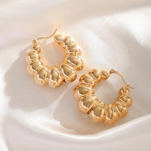 Chunky Gold Bead Ball Hoop Earrings for Women Statement, Trendy Silver Beaded Round Circle Earring Fashion Exaggerated Prom Party Jewelry Accessories in Saudi Arabia