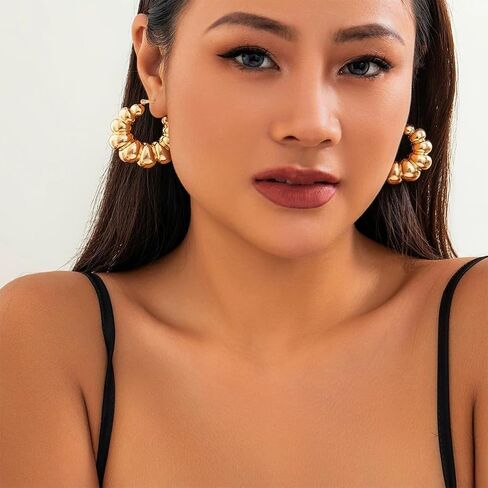 Chunky Gold Bead Ball Hoop Earrings for Women Statement, Trendy Silver Beaded Round Circle Earring Fashion Exaggerated Prom Party Jewelry Accessories in Saudi Arabia